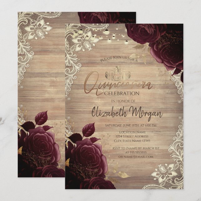 Convites Tiara,Luzes,Rosas Burgundy de Renda Quinceañera  (Frente/Verso)