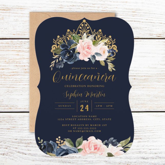 Convites Tiara Marinho Floral Blush Quinceanera (Criador carregado)