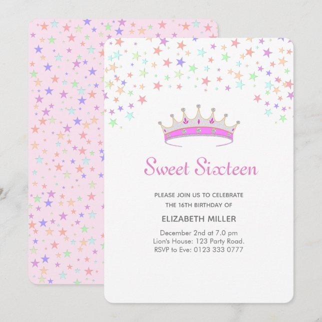 Convites Tiara Moderna & Estrelas Multicoloridas Sweet Sixt (Frente/Verso)