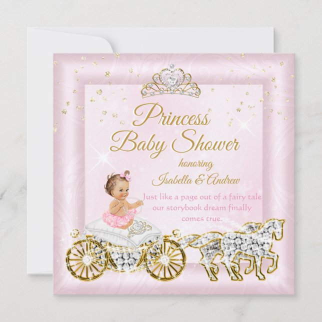 Convites Tiara para Chá de Bebê de Princesa Carruagem Rosa (Frente)