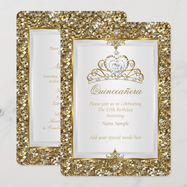 Convites Tiara Pérola Branca com Glitter Dourado Quinceaner (Frente/Verso)