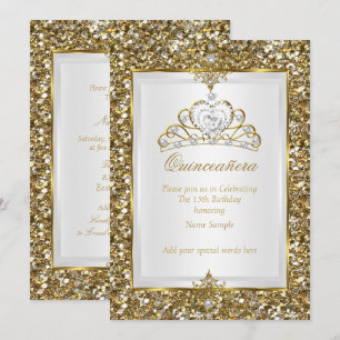 Convites Tiara Pérola Branca com Glitter Dourado Quinceaner