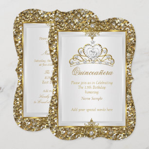 Convites Tiara Pérola Branca com Purpurina Dourada Quincean