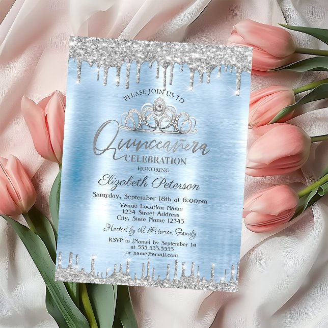 Convites Tiara, Pingentes de Brilho Prateado Azul Quinceañe (Criador carregado)
