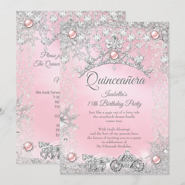 Convites Tiara Pink Quinceanera 15 Carruagem de inverno (Frente/Verso)