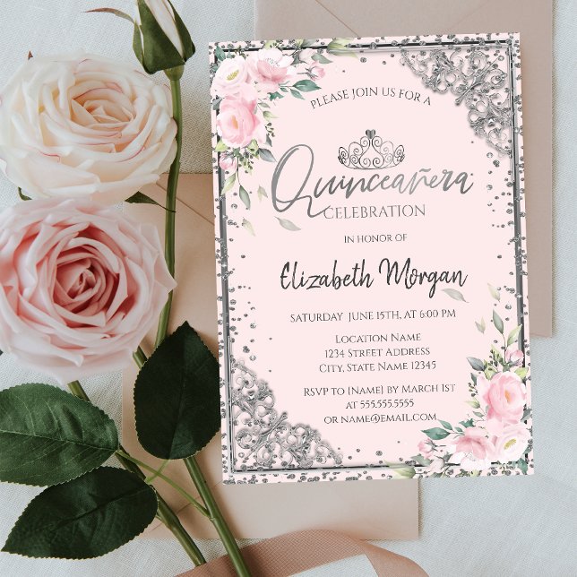 Convites Tiara Prata Chic, Flores Rosa Diamante Quinceañera (Criador carregado)