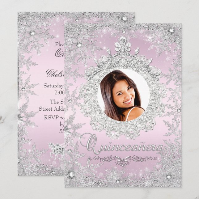 Convites Tiara Prata Rosa Floco de Neve Brilho Quinceanera (Frente/Verso)