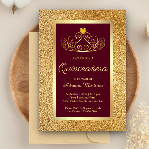 Convites Tiara Princesa Brilho Dourado Burgundy Quinceanera
