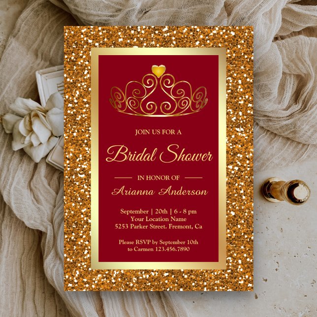 Convites Tiara Princesa Brilho Dourado Falso Vermelho Chuve (Criador carregado)