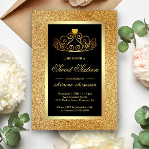 Convites Tiara Princesa Brilho Dourado Preto Sweet Sixteen