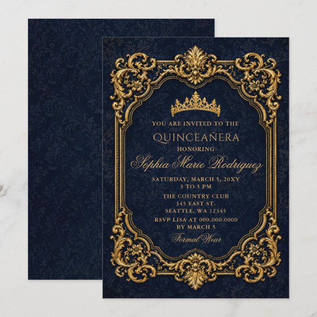 Convites Tiara Princesa Real Dourada Azul Quinceañera (Frente/Verso)