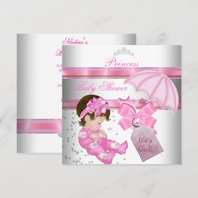 Convites Tiara Princesa Rosa Branca para Chá de Bebê Menina (Frente/Verso)