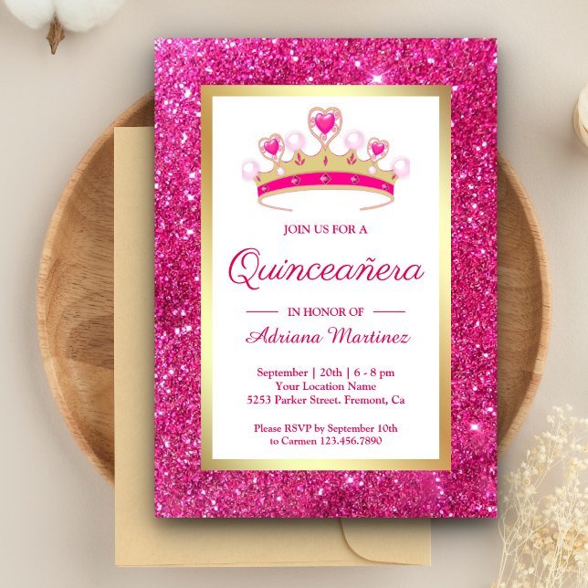 Convites Tiara Princess Quinceanera, Colorida Rosa Quente (Criador carregado)