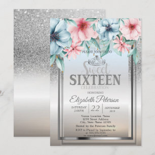 Convites Tiara, Quadro Brilho Prata Bokeh Floral Sweet 16