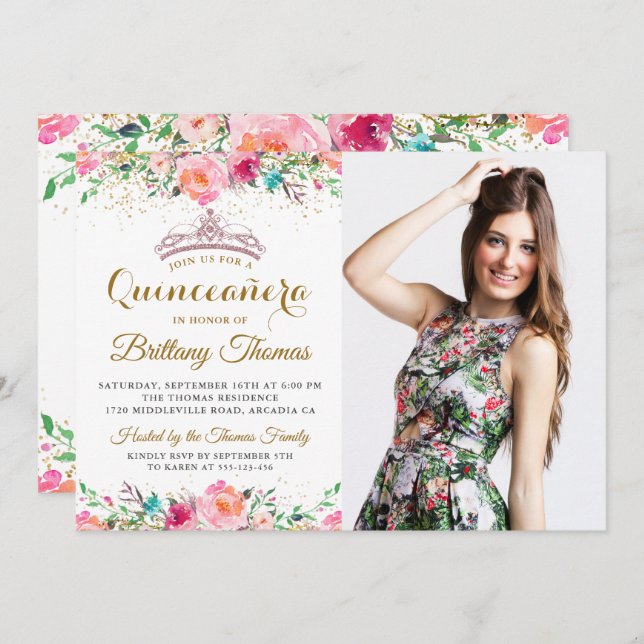 Convites Tiara Quinceanera, 15, cor-de-rosa, Foto de aniver (Frente/Verso)