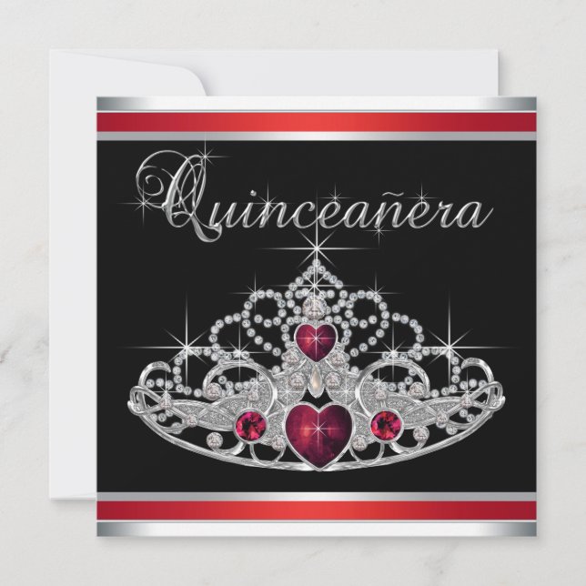 Convites Tiara Quinceanera branca-negra vermelha (Frente)