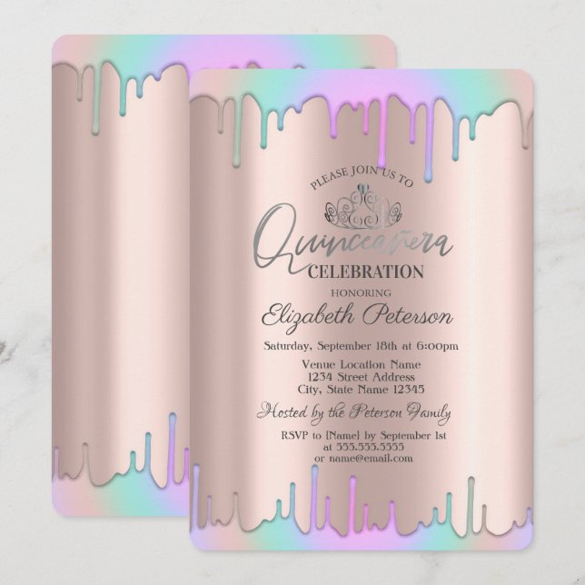 Convites Tiara,Quinceañera de gotas de arco-íris em rosa ou (Frente/Verso)