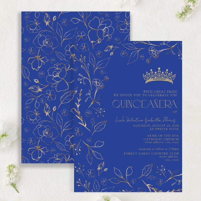 Convites Tiara Quinceañera Dourada Azul Moderna (Criador carregado)