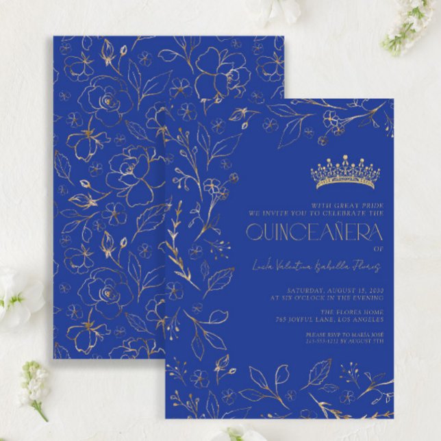 Convites Tiara Quinceañera Dourada Azul Moderna (Criador carregado)