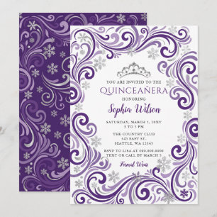 Convites Tiara Quinceañera Flocos de Neve Roxos Prata