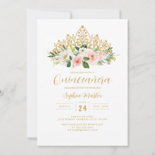 Convites Tiara Quinceanera Floral Rosa Dourada