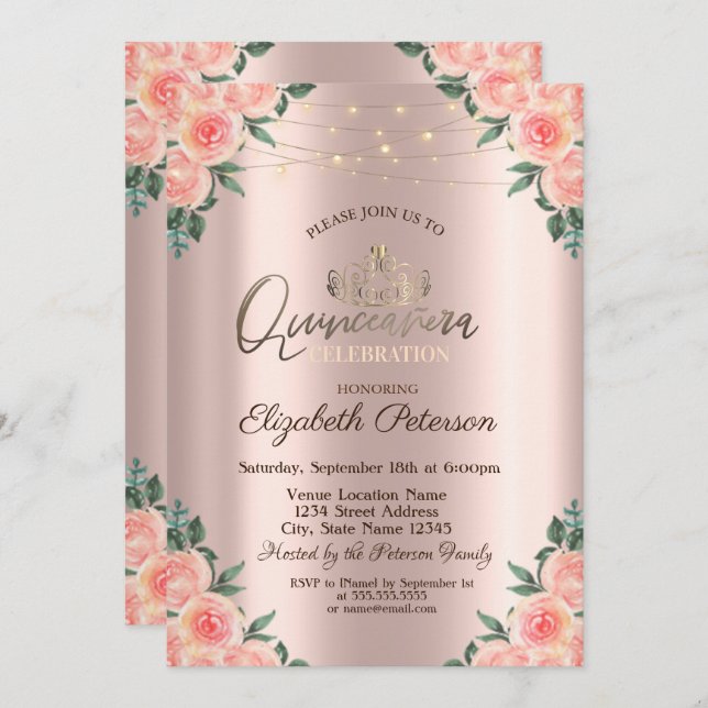 Convites Tiara, Rosa das Luzes das Cordas Quinceañera (Frente/Verso)