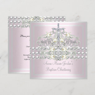 Convites Tiara Rosa de Batismo com Pérola Branca e Diamante