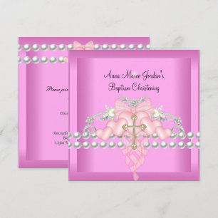 Convites Tiara Rosa de Batismo Prata Pérola Branca Diamante