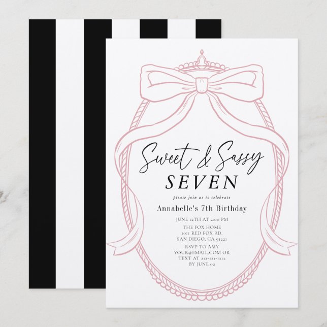 Convites Tiara rosa doce e sassy e Arco (Frente/Verso)