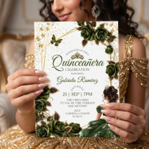 Tiara Rosa Dourada Verde Borboletas Quinceañera