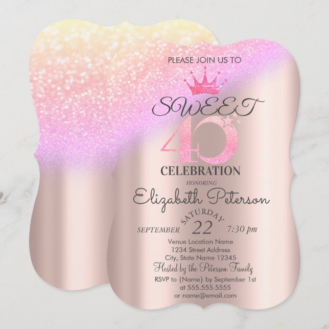 Convites Tiara, Rosa Dourado Doce 40º Ombre Glitter Bokeh (Frente/Verso)