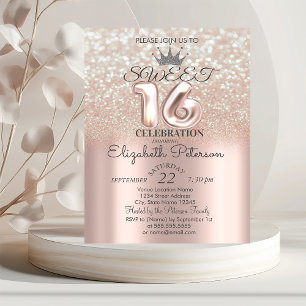 Convites Tiara, Rosa Dourado Sweet 16 Brilho Bokeh Ombre Fe
