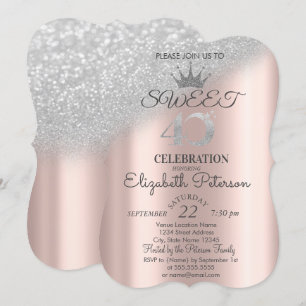 Convites Tiara, Rosa Dourado Sweet 40º Brilho Bokeh Ombre