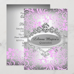 Convites Tiara Rosa Prata & Floral Glitter Quinceanera