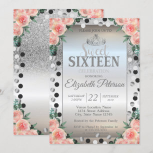 Convites Tiara,Rosa Silver Dots Doce 16 Partido