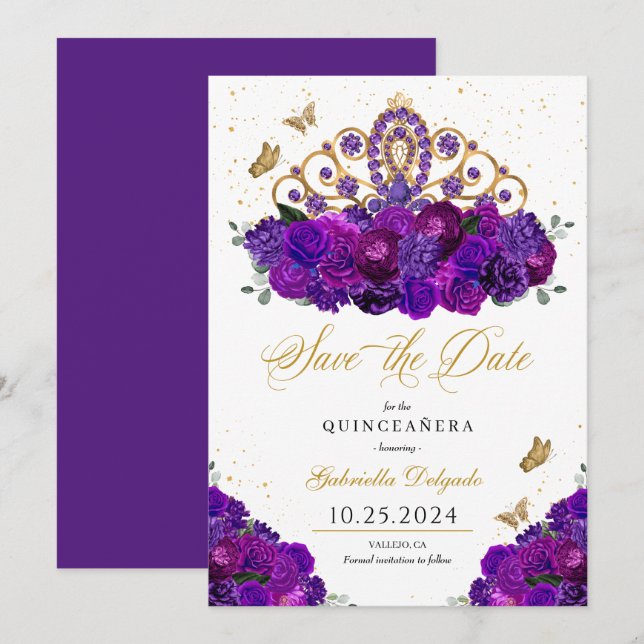 Convites Tiara Roxo e Dourada Salva A Data Quinceañera (Frente/Verso)