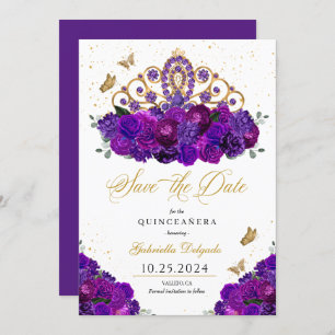Convites Tiara Roxo e Dourada Salva A Data Quinceañera