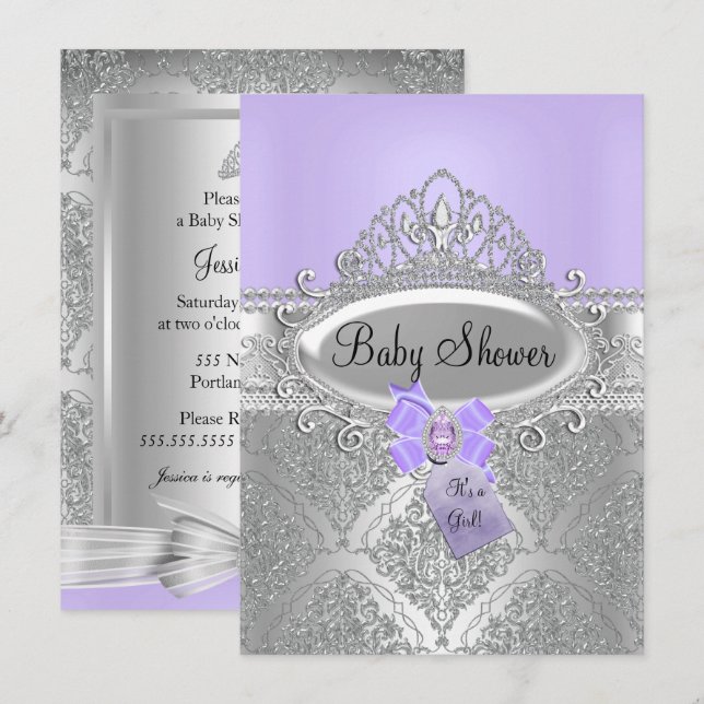 Convites Tiara & Silver Damask Purple Chá de fraldas Invite (Frente/Verso)