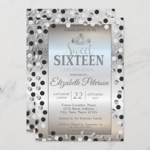 Convites Tiara,Silver Glitter Bokeh Dots Sweet 16 Party