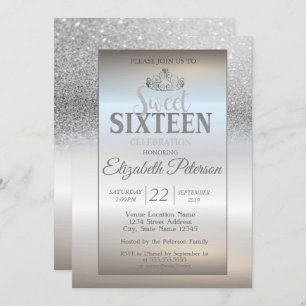 Convites Tiara, Silver Glitter Bokeh Ombre Doce 16 Partido