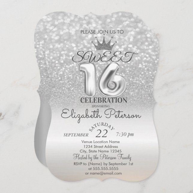 Convites Tiara,Silver Sweet 16 Glitter Bokeh Party (Frente/Verso)