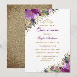 Convites Tiara Sparkle Ametist Purple Floral Quinceanera