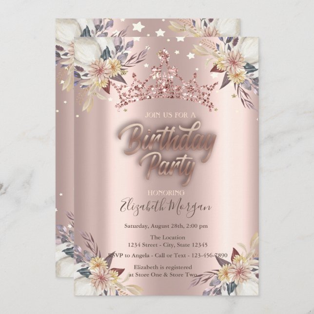 Convites Tiara Stars Flores Rosa Festa de aniversário Doura (Frente/Verso)