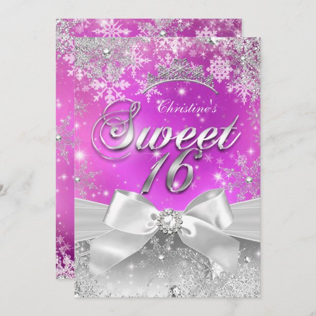 Convites Tiara Sweet 16 Hot Pink Winter Wonderland (Frente/Verso)