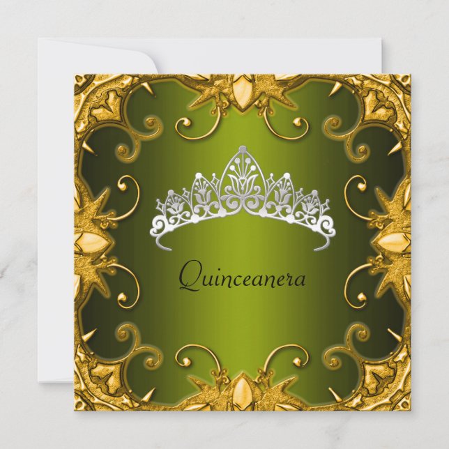 Convites Tiara Verde Dourada Branca para Festa de Aniversár (Frente)