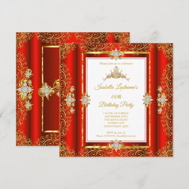 Convites Tiara Vermelho Damasco Dourado Branco Festa de Ani (Frente/Verso)