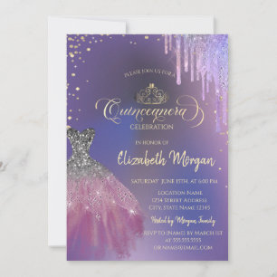 Convites Tiara, vestido chique, gotejamento violeta Quincea