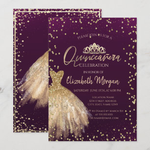 Convites Tiarade vestido de ouro, diamantes Quinceañera vio