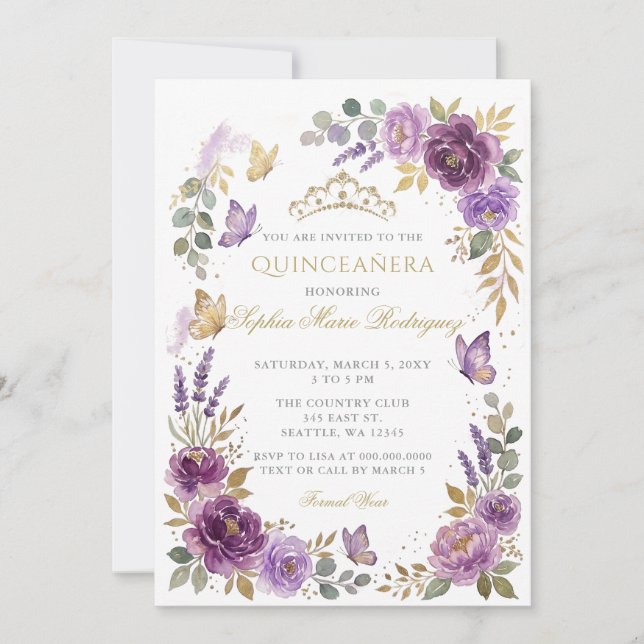 Convites Tiarara de Borboleta Floral Roxa Dourada Quinceañe (Frente)
