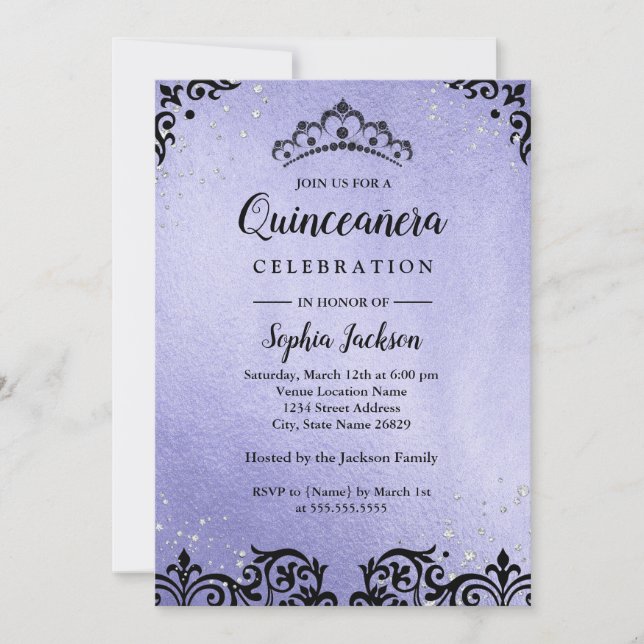 Convites Tiaras Damask Quinceanera Faísca Roxa (Frente)